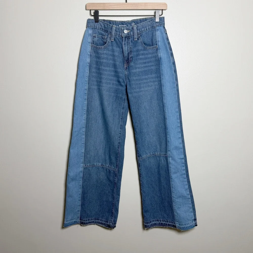 Old Navy Girls 16 High Rise Super Baggy Wide Leg Two Tone Colorblock Jeans Blue